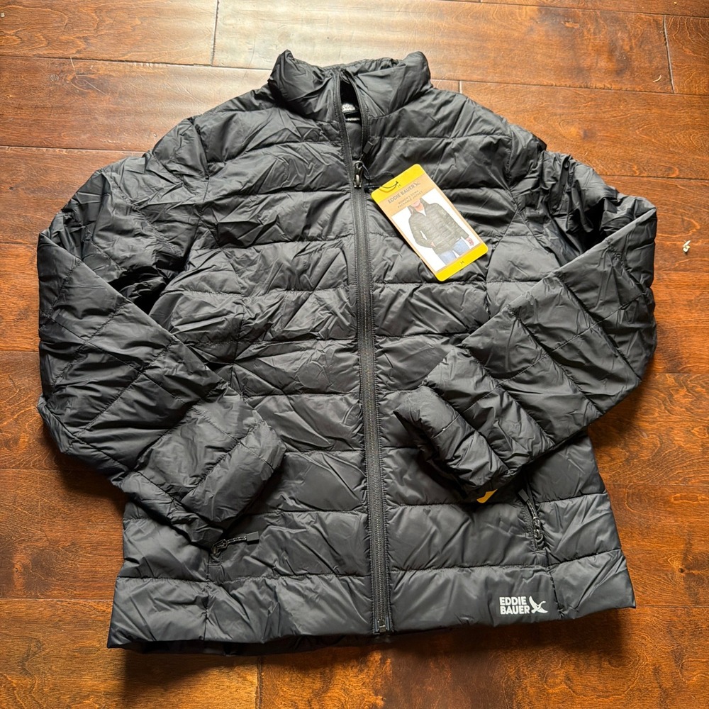 Eddie Bauer Womens Down Packable Jacket Black Puffer Full Zip Size M Lightweight